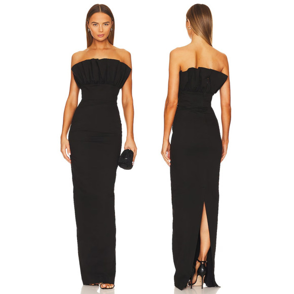 SAU LEE Noah Gown Strapless Ruffled Satin Fitted Slit Pencil Dress Black Size 00